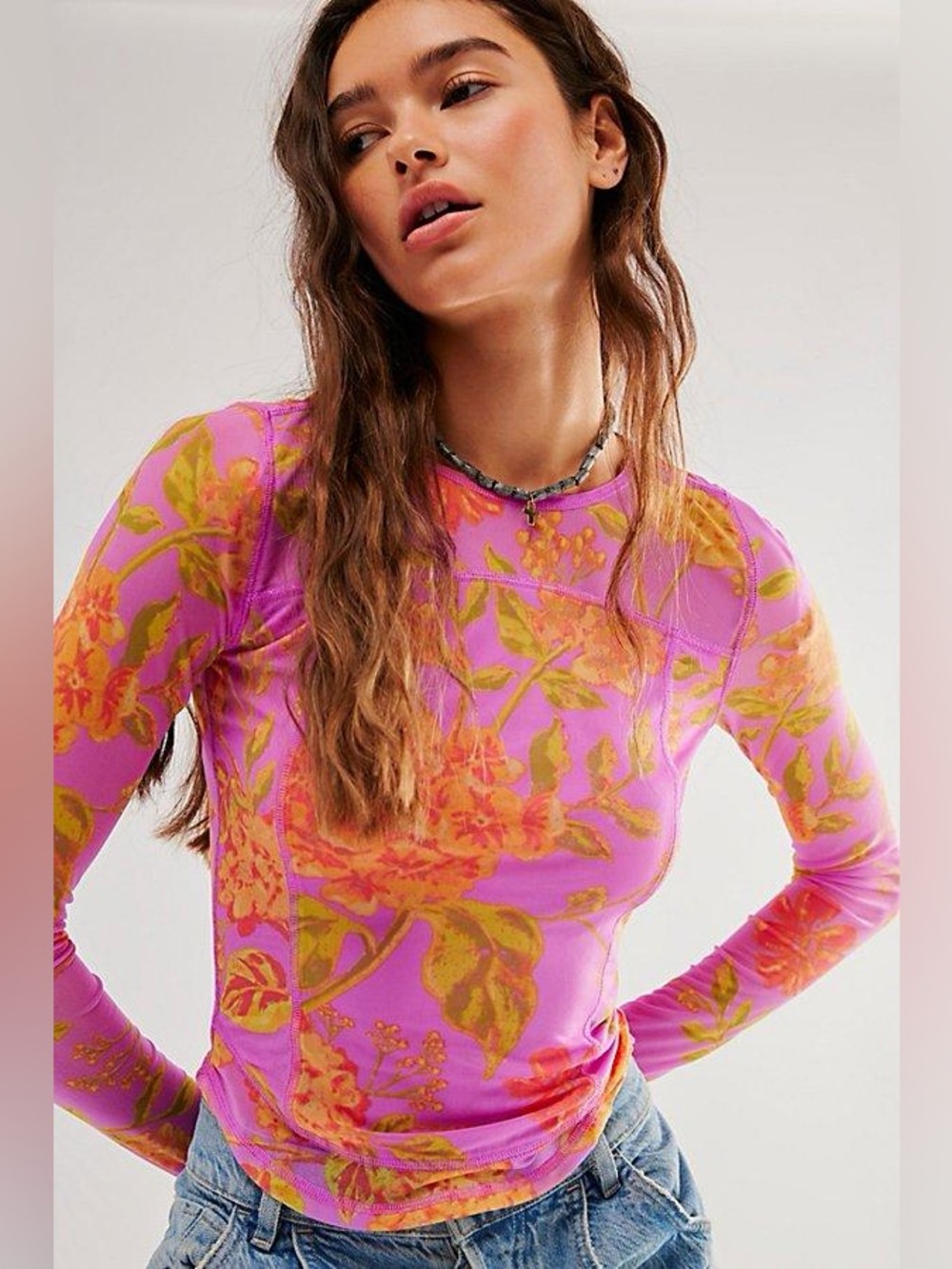 Free People Betty’s Garden Top boho stretch vibrant floral urban 90s Y2K sheer